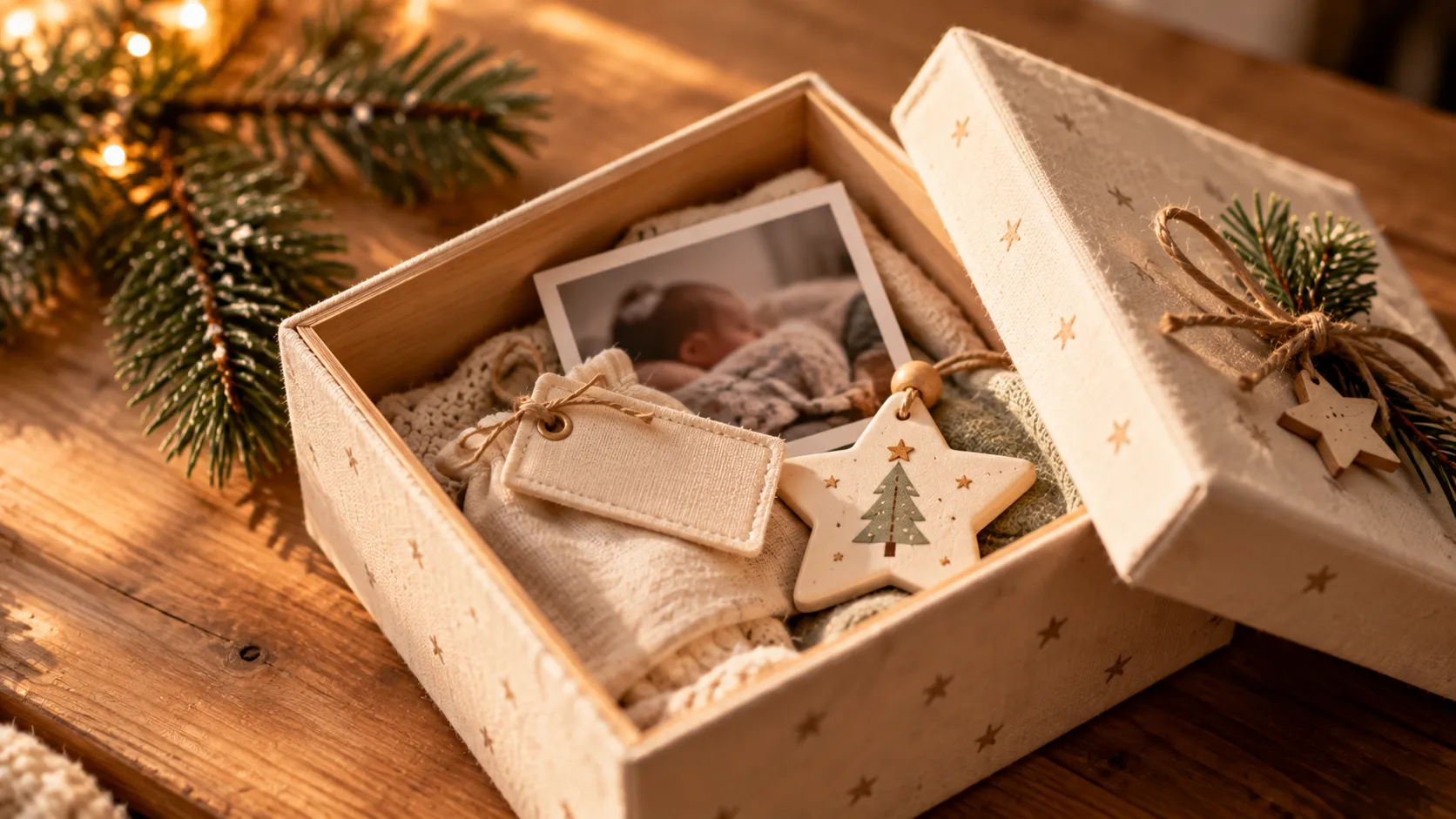 Geöffnete Erinnerungsbox mit Babyfoto, Namensschild und Weihnachtsornament