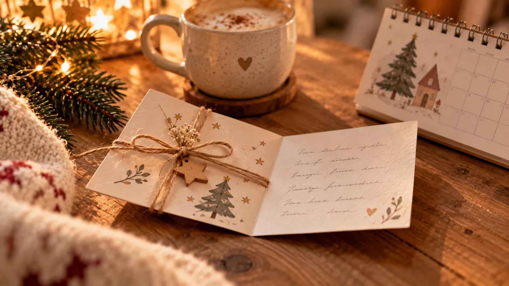 Handgeschriebener Gutschein neben Kalender und Kaffeetasse