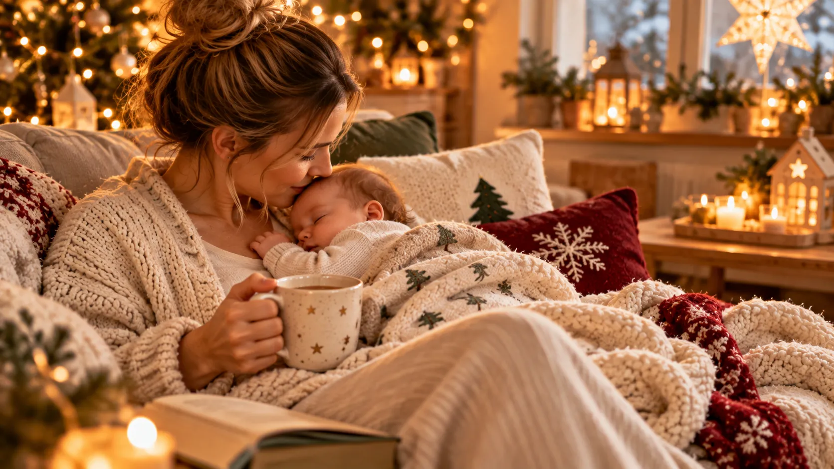 Mutter auf Sofa mit Tasse oder Buch, Baby im unscharfen Hintergrund