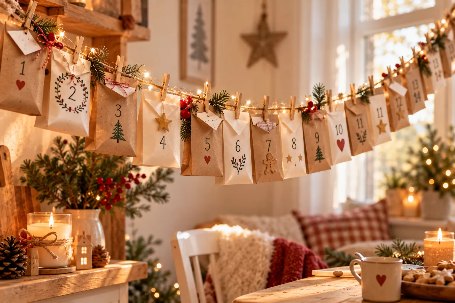 Nummerierte Papiertüten als Adventskalender an einer Girlande