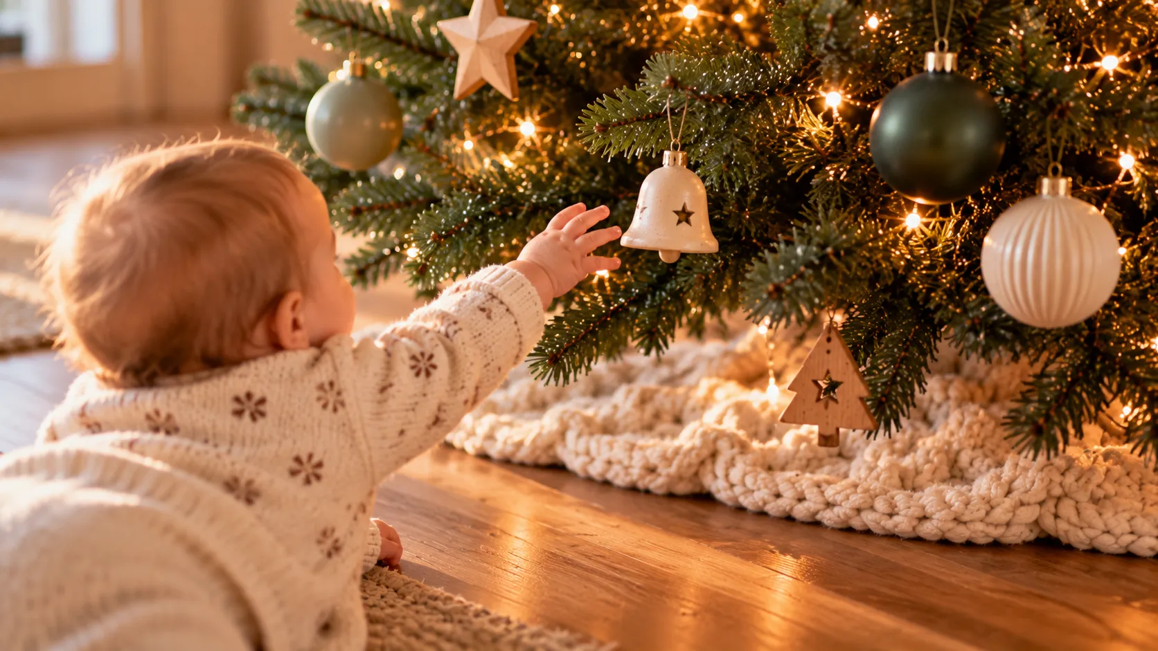 Unterer Bereich eines Weihnachtsbaums mit wenigen großen, bruchsicheren Anhängern, Kabel nicht sichtbar, keine Kerzen