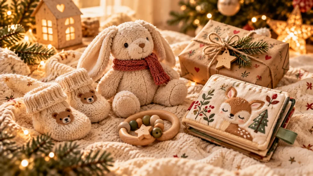 Ausgewählte Babygeschenke auf heller Decke zu Weihnachten