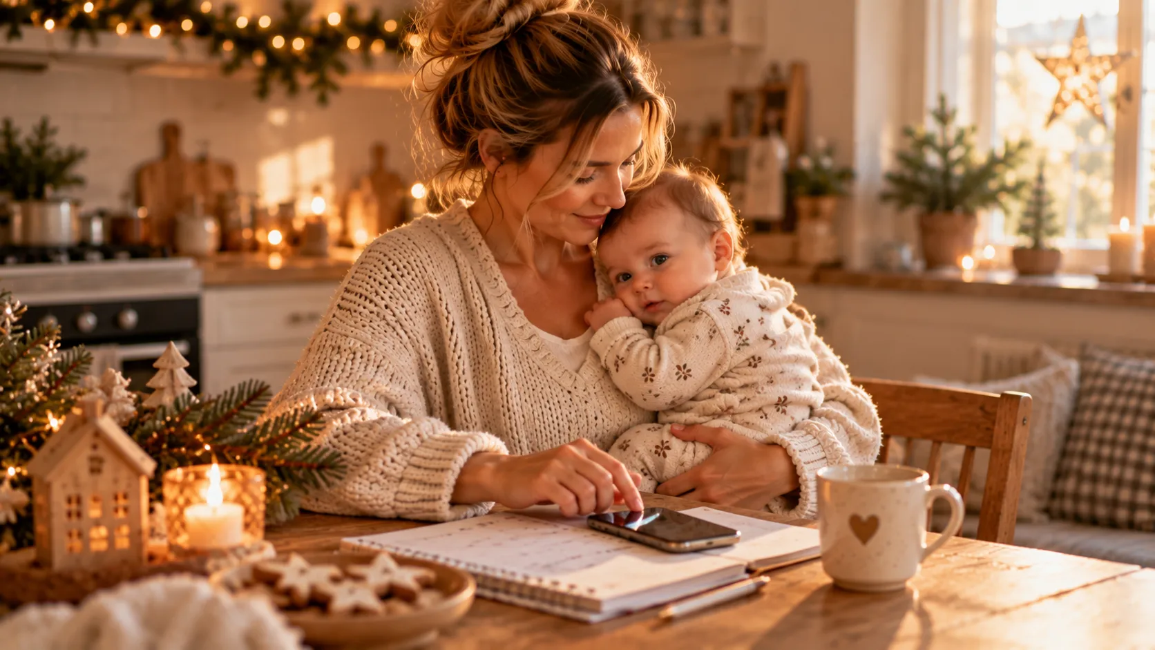 Weihnachtsplanung auf Papier und Handy mit Baby im Arm