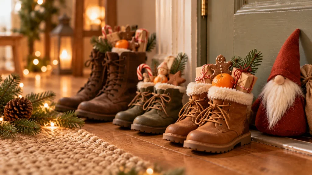 Gefüllte Stiefel am Nikolaus Morgen, mit kleinem Nikolaus daneben