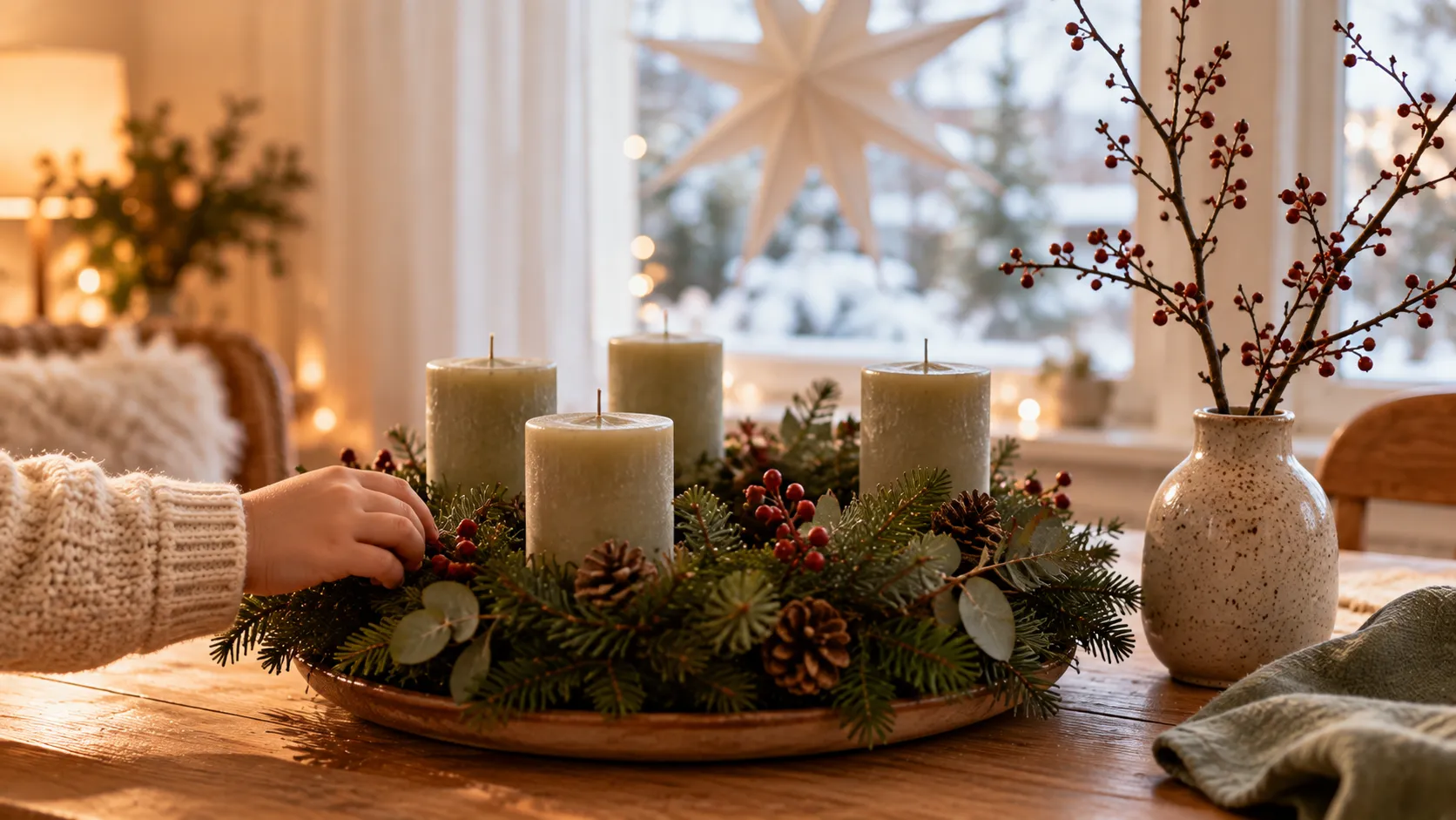 Adventskranz mit vier Kerzen auf einem Holztisch, eine Kinderhand auf dem Tannengrün, daneben ein kahler Kirschzweig in einer Vase und ein weißer Papierstern im Fenster