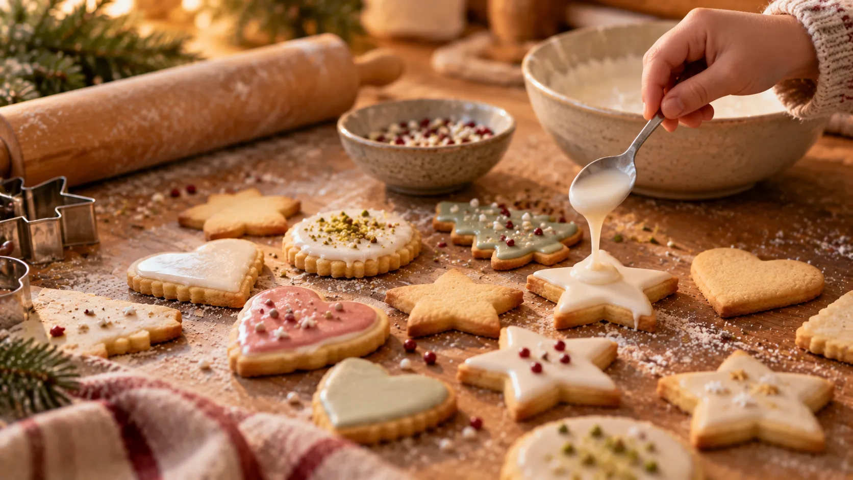 Ausstechplätzchen als Sterne, Herzen und Kreise mit weißem und pastellfarbenem Guss, eine Kinderhand träufelt Guss mit einem Löffel