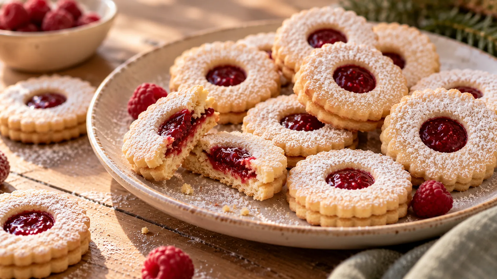 Himbeer-Plätzchen mit rundem Fenster, rotem Konfitürekern und Puderzuckerrand, eines auseinandergezogen