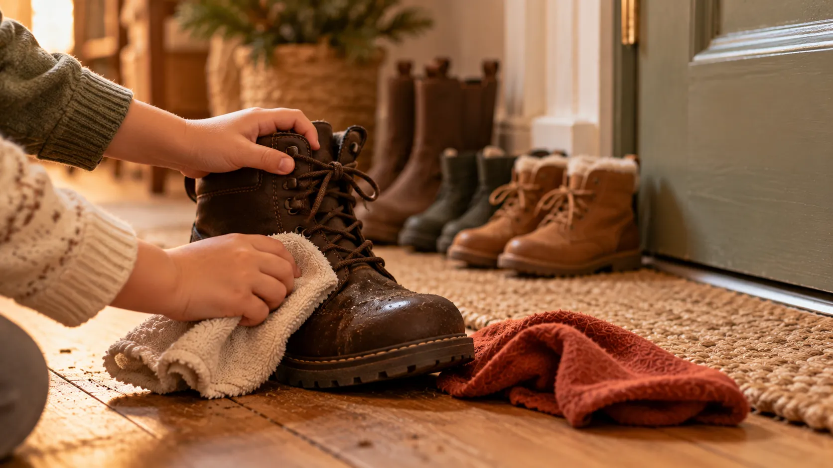 Zwei Kinderhände putzen mit einem feuchten Tuch einen dunklen Lederstiefel neben der Haustür, daneben liegt ein rotes Tuch