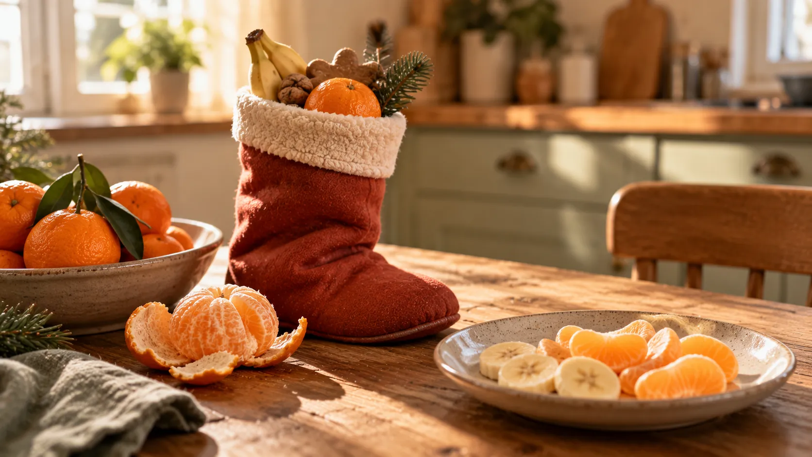 Roter Stoffstiefel auf dem Frühstückstisch neben einer Schale Mandarinen, davor eine geschälte Mandarine und ein Teller mit Mandarinenspalten und Bananenscheiben