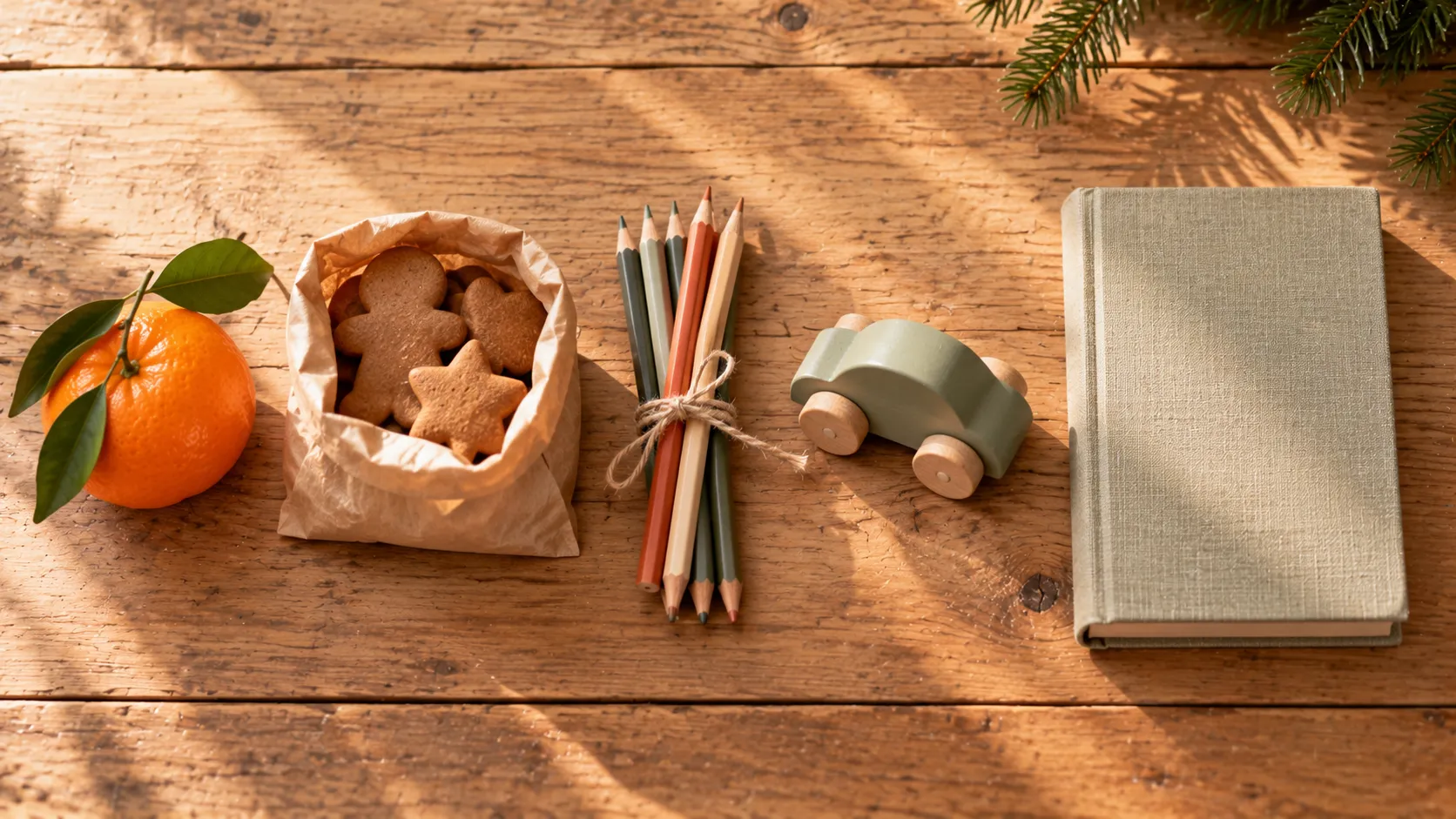 Von oben auf einem hellen Holztisch: eine Mandarine, eine Papiertüte mit Lebkuchen, gebündelte Buntstifte, ein kleines Holzauto und ein geschlossenes Leinenbuch, Ideen zum Nikolausstiefel befüllen