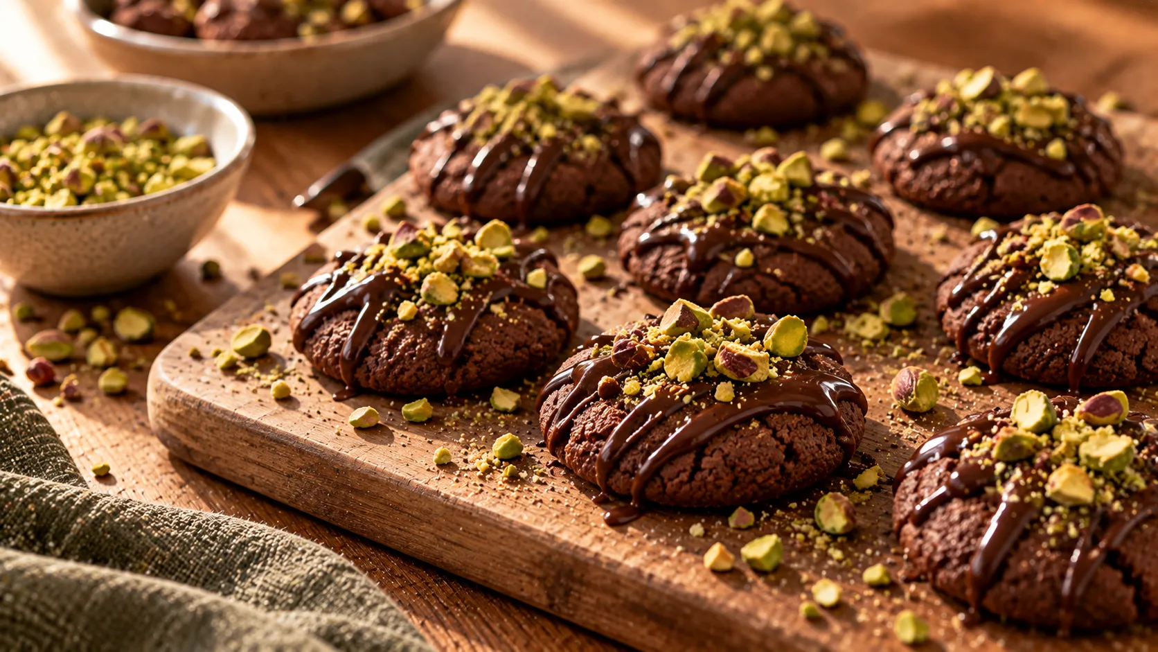 Dunkle Schokokekse mit Schokoladenstreifen und gehackten grünen Pistazien auf einem Holzbrett