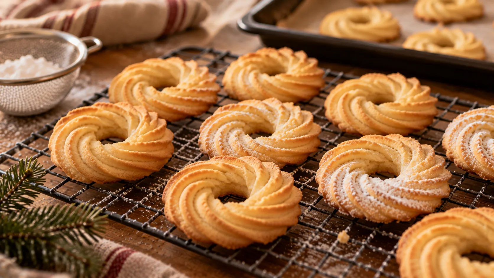 Goldbraune Spritzgebäck-Kringel mit Nüssen auf einem Abkühlgitter, einige mit Puderzucker bestäubt