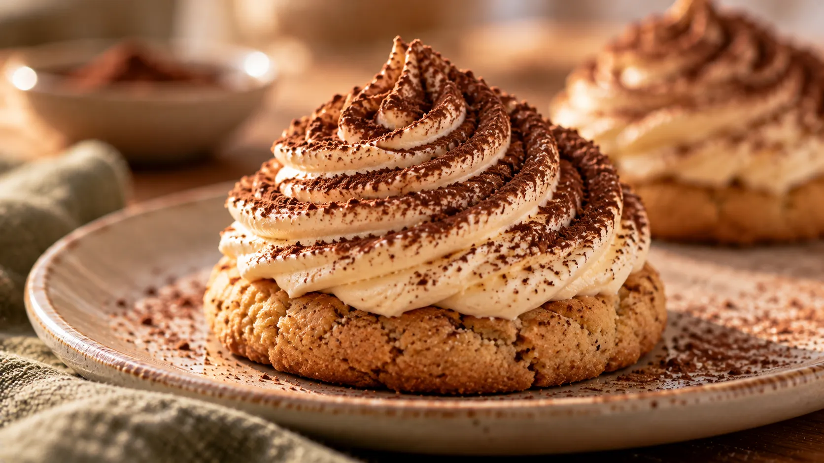 Tiramisu-Cookie mit hoher Mascarpone-Creme-Spirale und Kakaostaub auf einem kleinen Teller