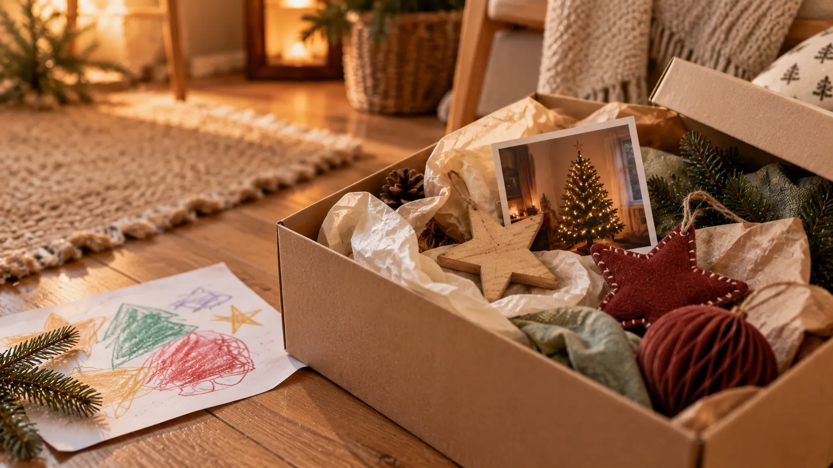 Geöffneter Karton mit Weihnachtserinnerungen auf einem Holzboden: Foto eines Weihnachtsbaums, Holzstern, Filzanhänger und Seidenpapier, daneben eine Kinderzeichnung