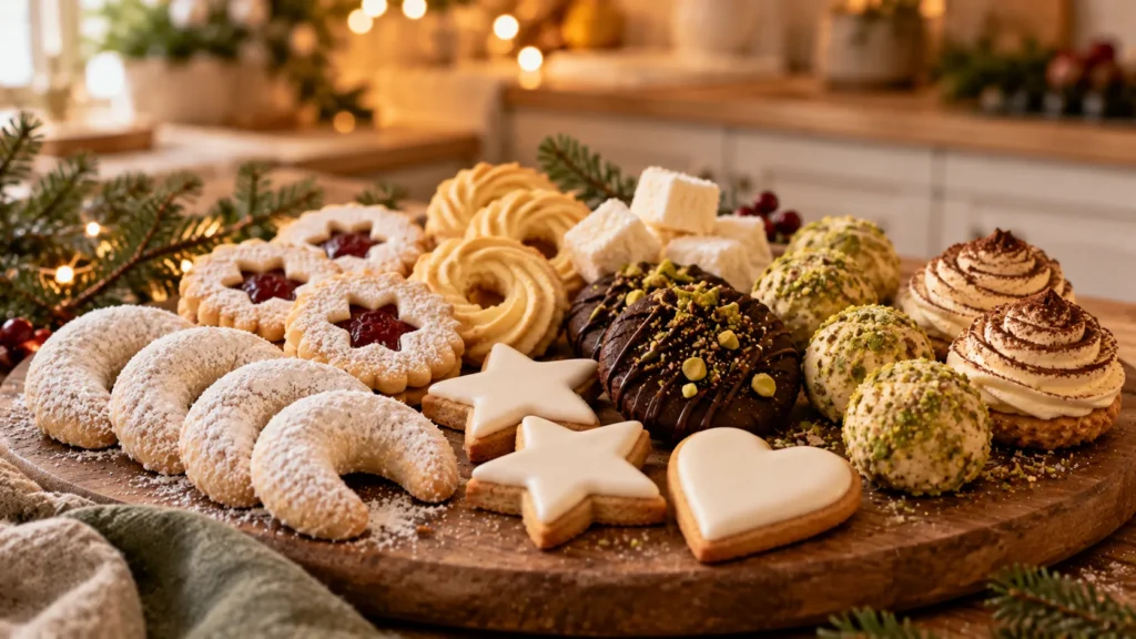 Acht verschiedene selbst gebackene Weihnachtsplätzchen auf einem Holzbrett vor warmen Lichtern