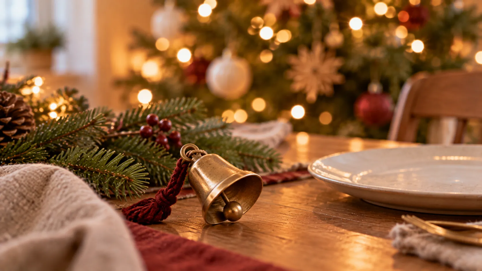 Kleines Messingglöckchen neben einem weißen Teller auf einem gedeckten Holztisch, dahinter unscharf ein Weihnachtsbaum mit warmen Lichtern