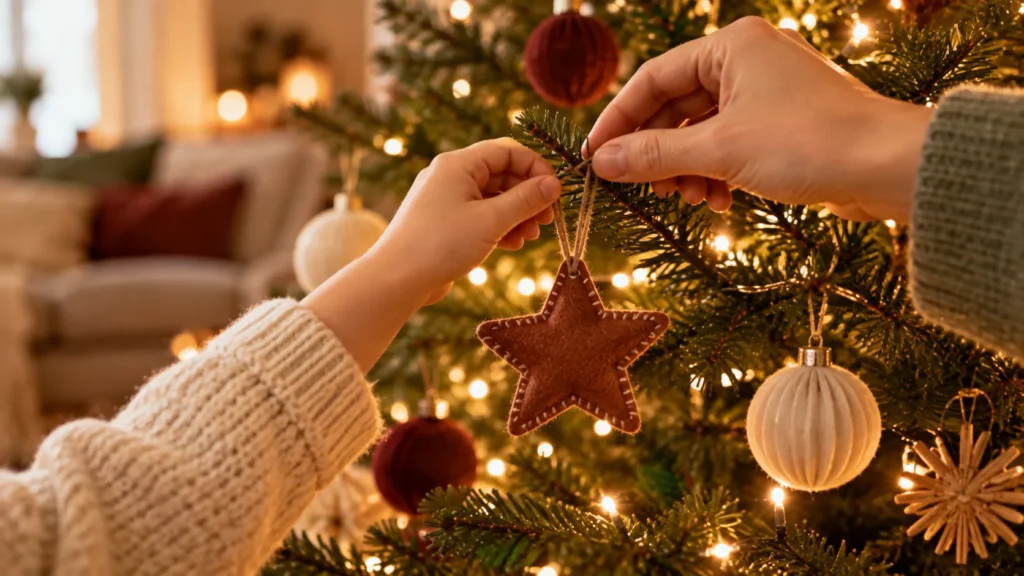 Weihnachtsrituale mit Kindern: Eine Kinderhand und eine Erwachsenenhand hängen gemeinsam einen Filzstern an einen Zweig des Weihnachtsbaums