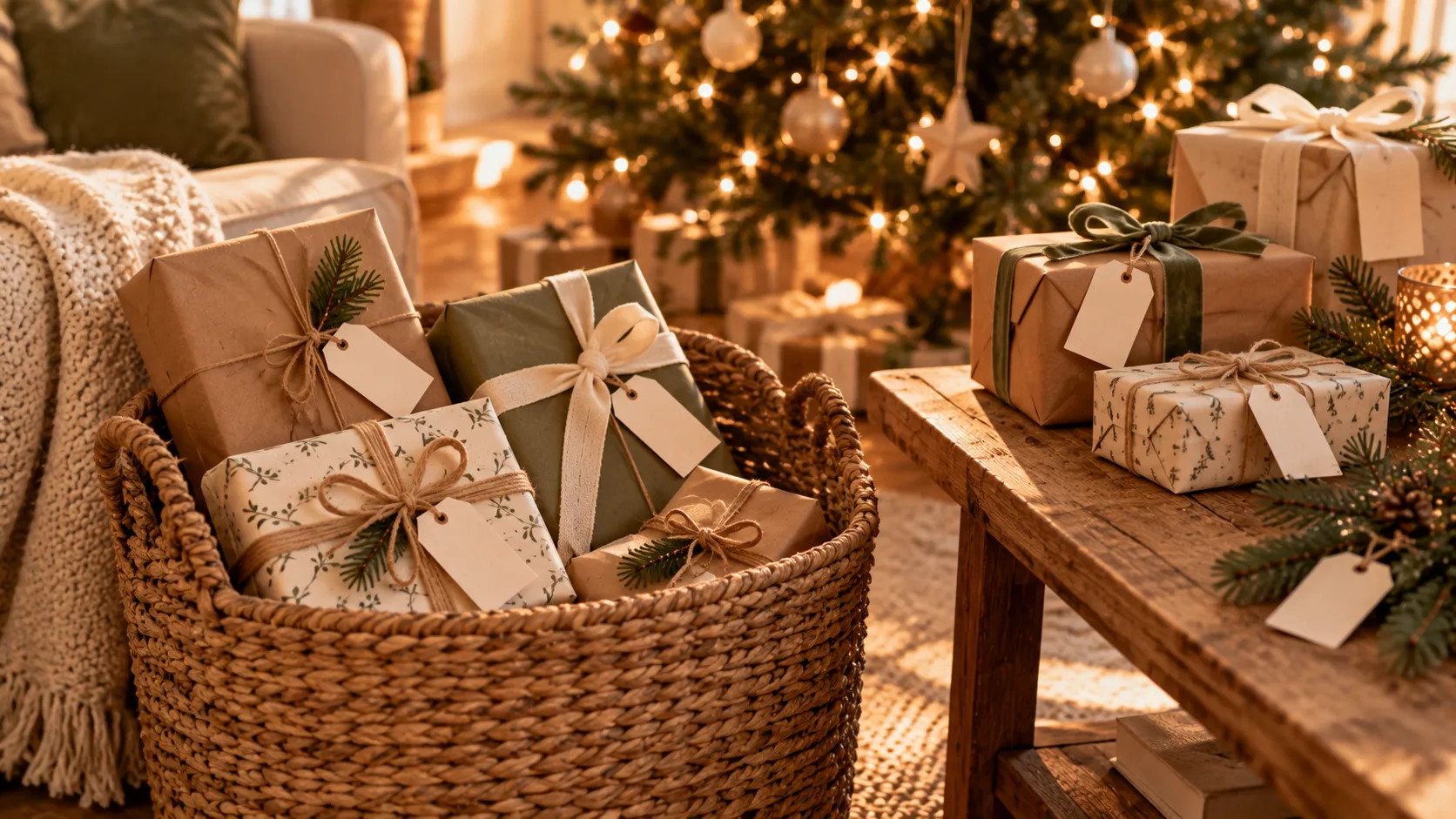 Ein Korb und ein Tisch mit mehreren in Kraftpapier, Cremepapier und salbeigrünem Papier verpackten Geschenken mit leeren Anhängern, im Hintergrund ein unscharfer Weihnachtsbaum