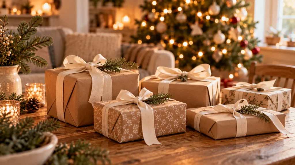 Schlicht in Kraftpapier mit cremefarbenem Band verpackte Geschenke für das Wichteln in der Familie auf einem Holztisch, dahinter ein unscharfer Weihnachtsbaum mit warmen Lichtern