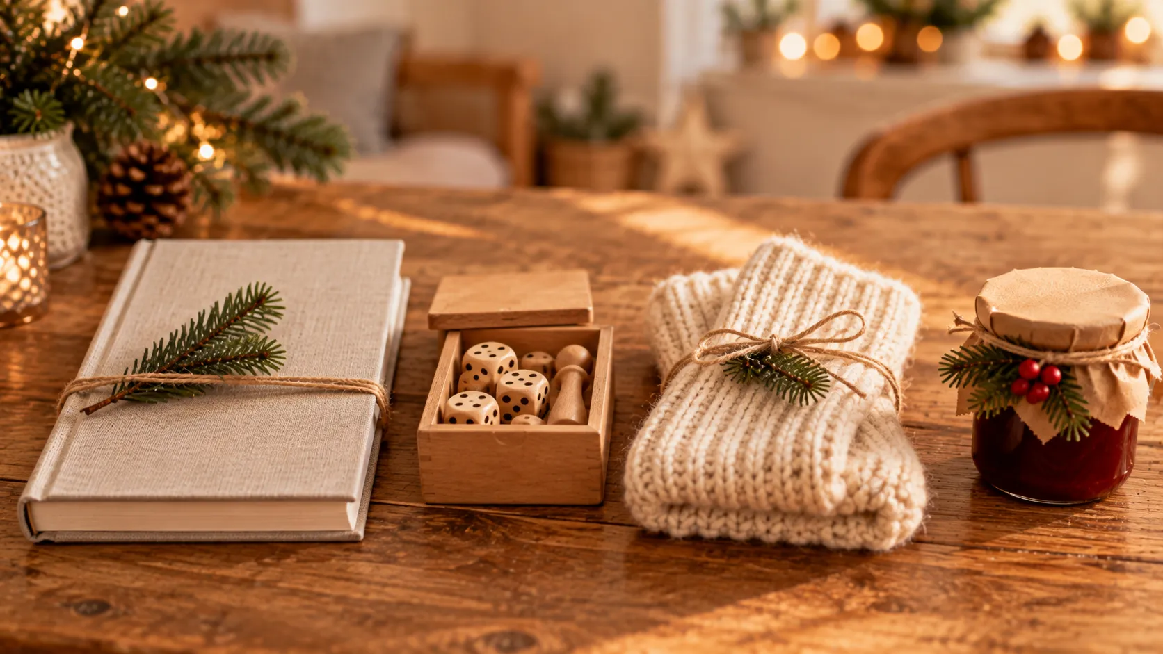 Vier kleine Geschenke nebeneinander auf einem Holztisch: ein Buch, ein Würfelspiel, ein gestricktes Wollteil in Creme und ein Glas selbst gemachte Marmelade